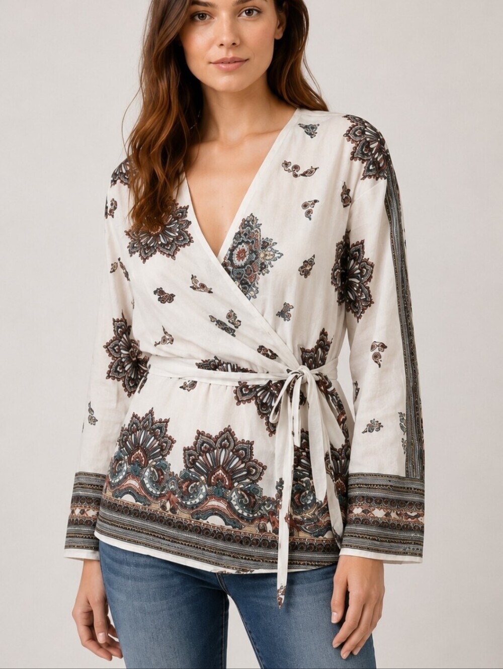 Banjul White Paisley Wrap Shirt Tie Waist Boho Size M